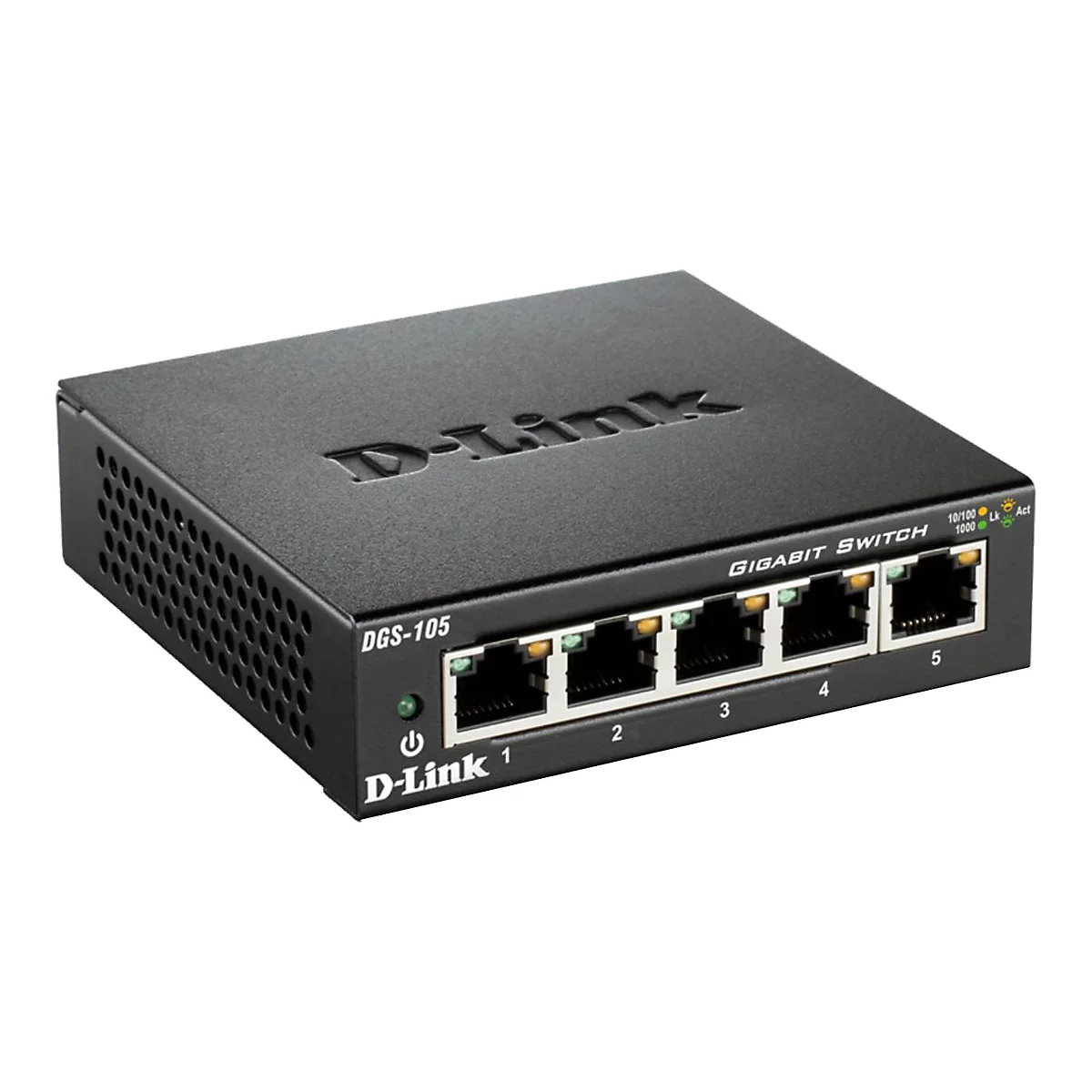 Schwarzer D-Link Gigabit Switch mit fünf Anschlüssen. Aufschrift: DGS-105, Gigabit Switch, 10/100/1000.