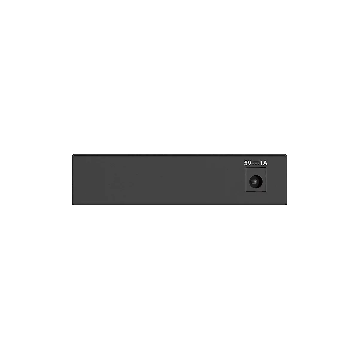 Commutateur réseau noir avec connexion d'alimentation. Inscription : 5V⎓1A.