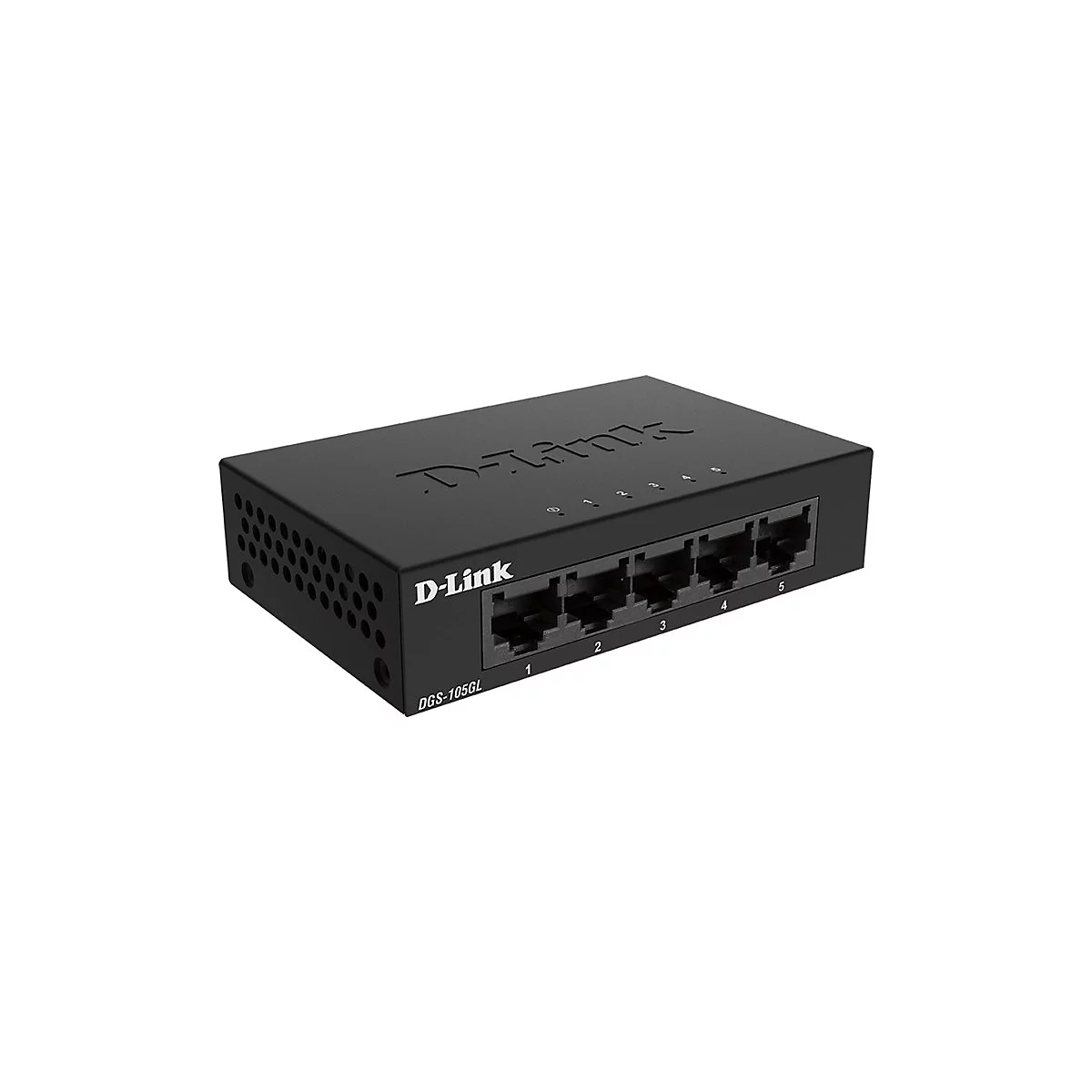 Schwarzer D-Link Switch mit 5 Ports. D-Link Logo auf der Vorderseite, Ports nummeriert. Modell DGS-105GL.