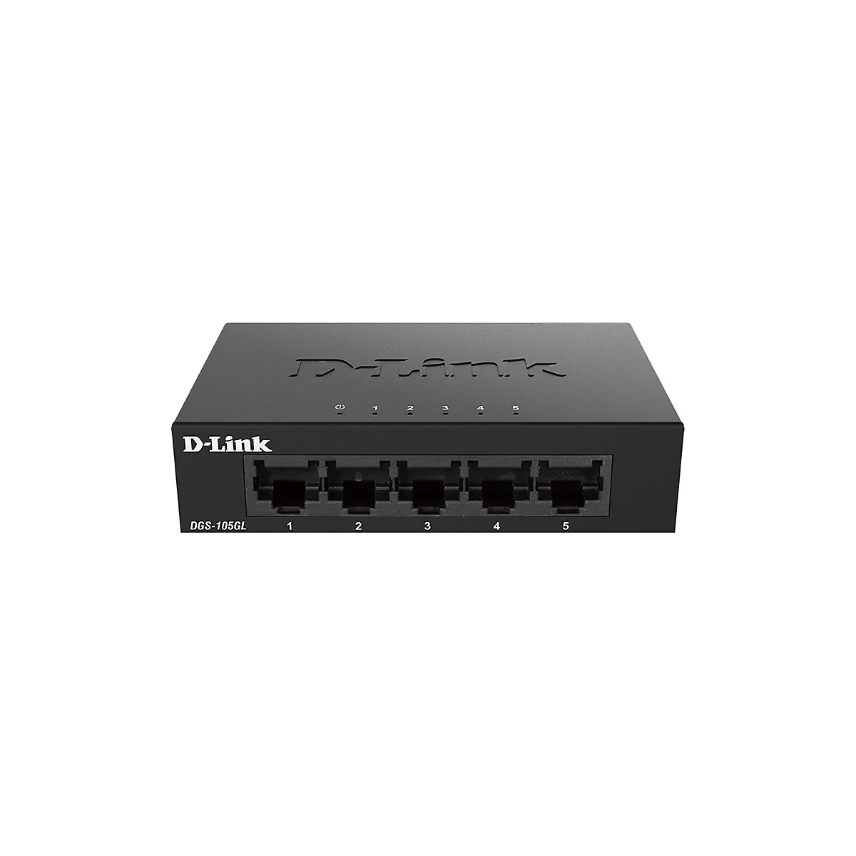 Schwarzer Netzwerk-Switch von D-Link mit fünf Anschlüssen. Oben ist der Schriftzug D-Link zu sehen, darunter die Anschlüsse mit Ziffern.
