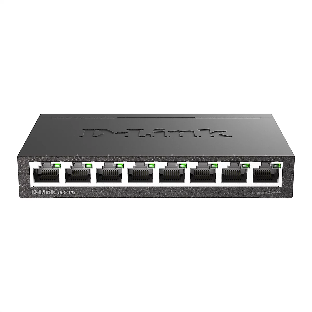 Commutateur réseau D-Link noir avec huit ports, éclairés en vert. 'D-Link DGS-108' est à gauche.