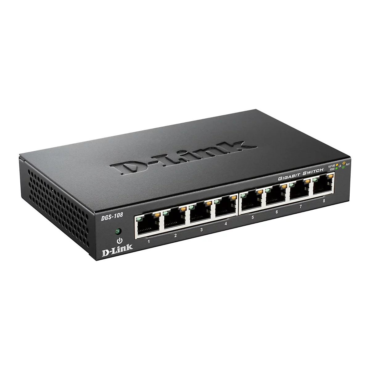 Commutateur Gigabit D-Link noir avec 8 ports et étiquetage. "DGS-108" est écrit à gauche.