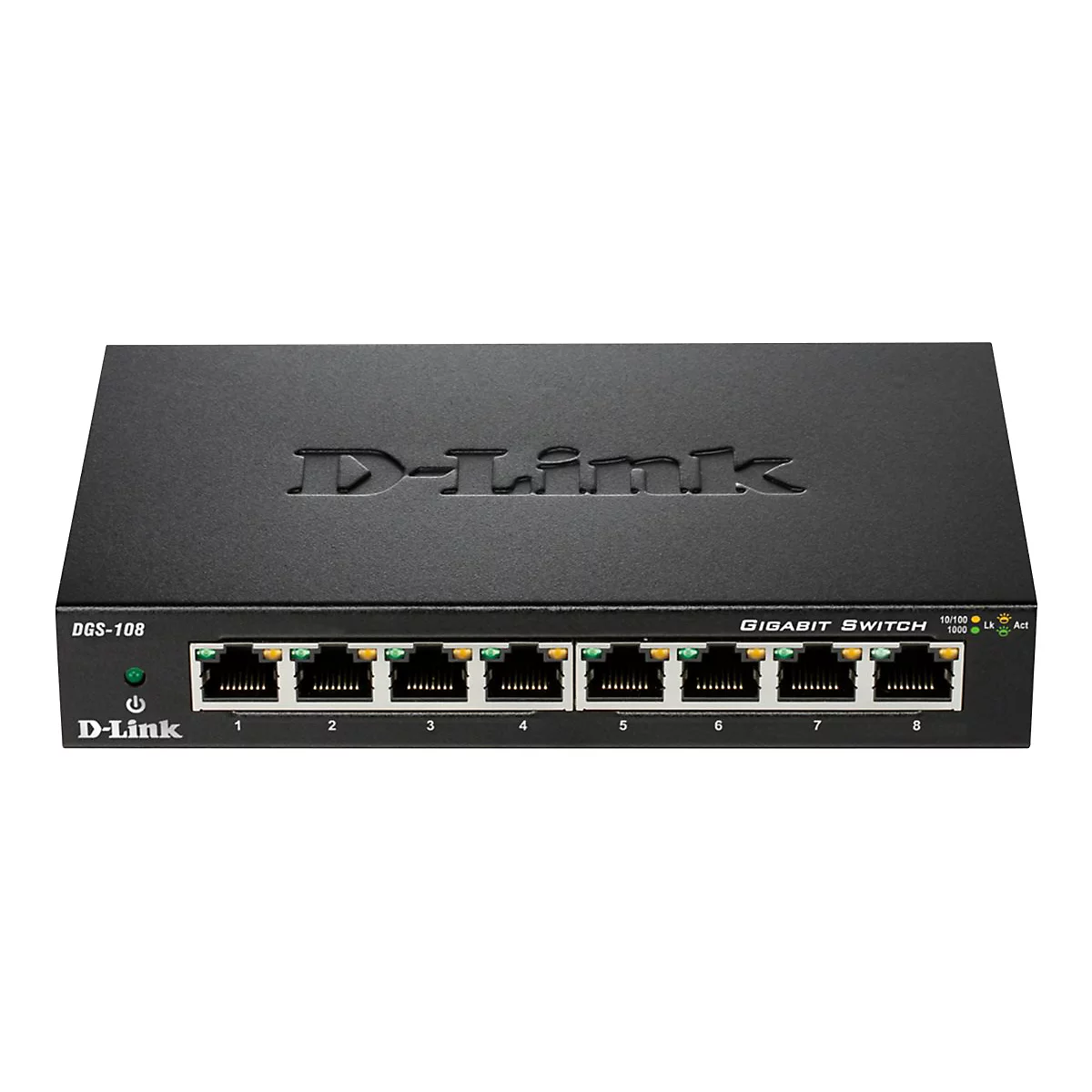 Commutateur Gigabit D-Link noir, modèle DGS-108, avec 8 ports et témoins lumineux.