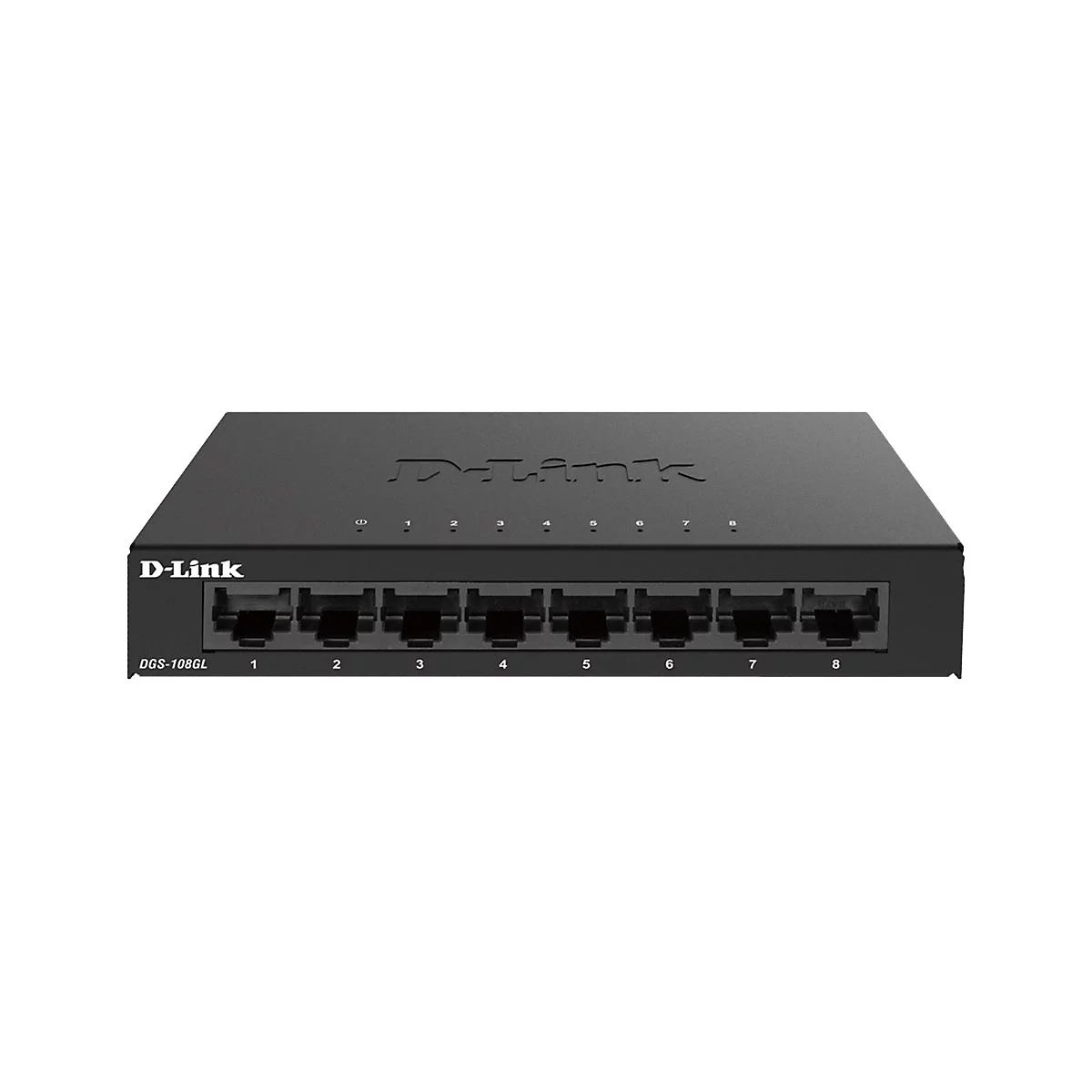 Un commutateur réseau D-Link noir avec huit ports. Les étiquettes D-Link et DGS-108GL sont clairement visibles.