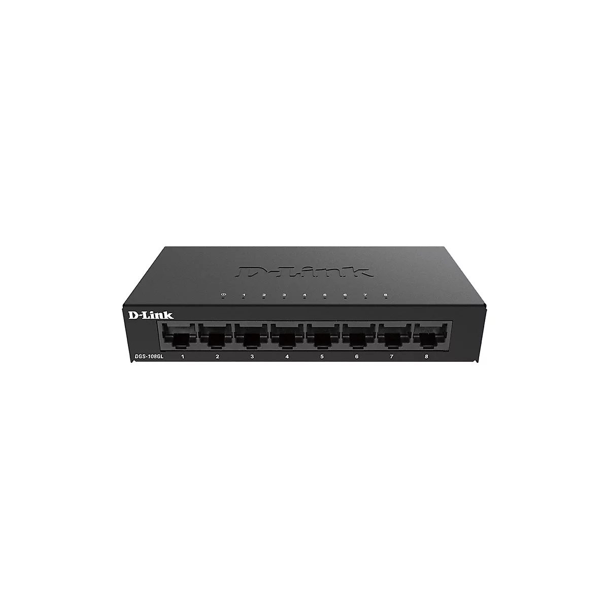 Ein schwarzer D-Link-Ethernet-Switch, mit acht Anschlüssen. Auf dem Switch steht „D-Link“ und „DGS-108GL“.