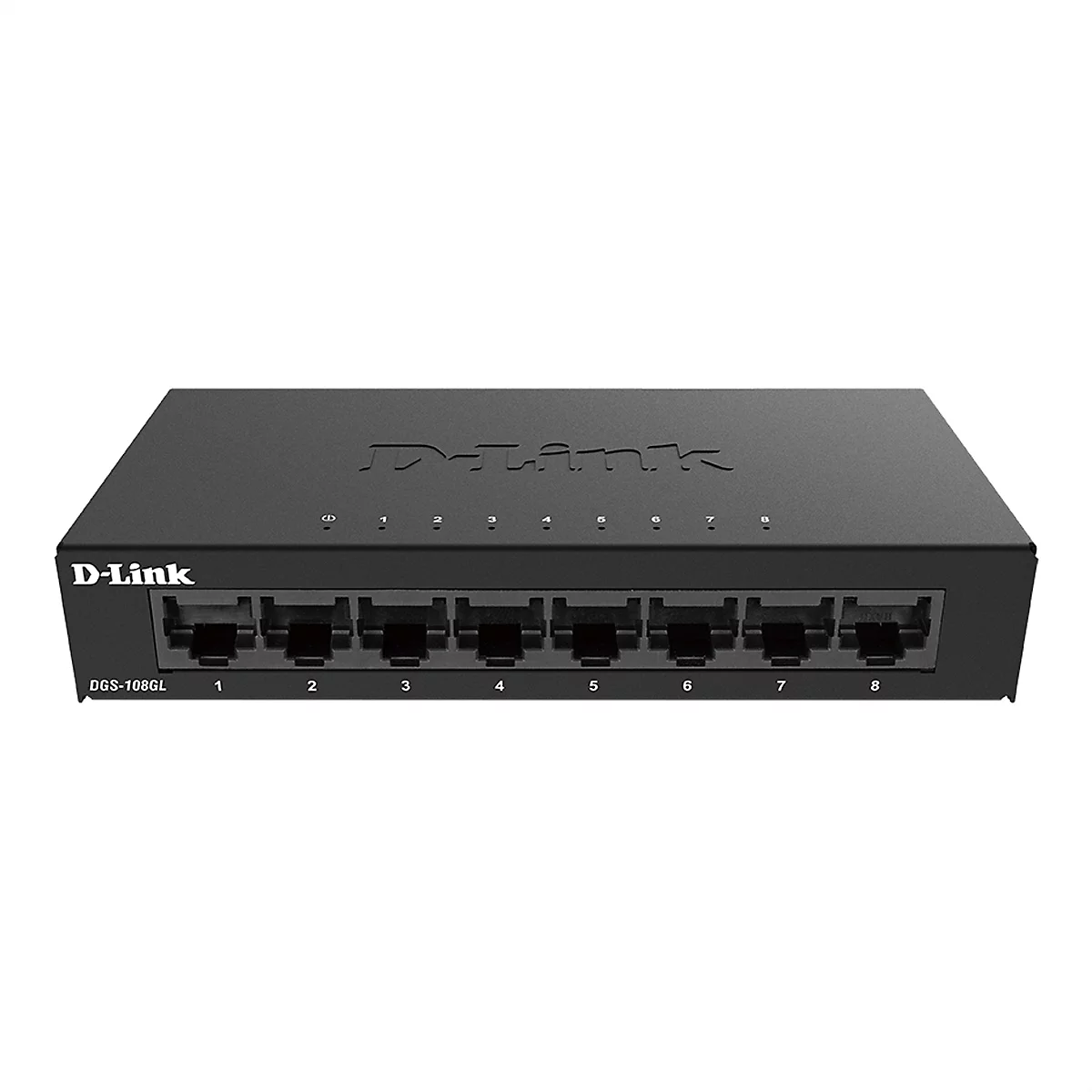 Ein schwarzer D-Link Netzwerk Switch mit acht Ports. Oben steht D-Link. Ports sind nummeriert von 1 bis 8.