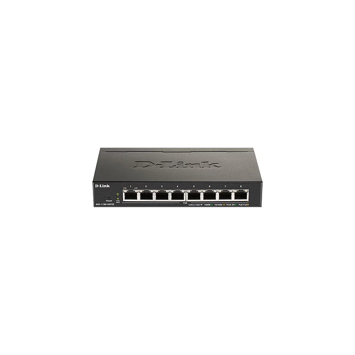 Schwarzer D-Link Netzwerk Switch mit 8 Ports, Beschriftungen und LED-Anzeigen.
