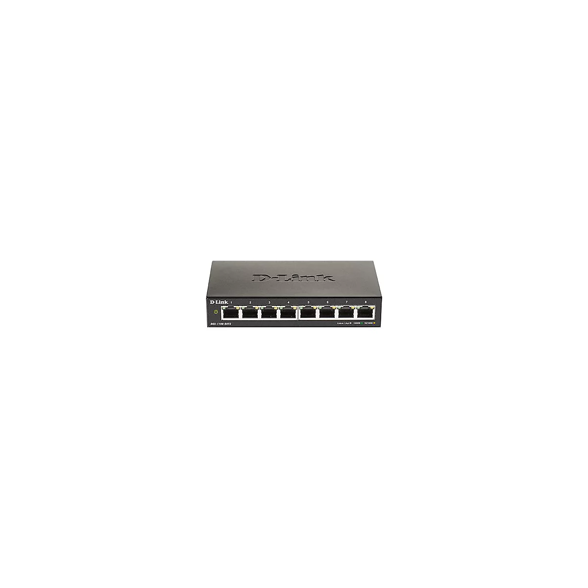 Schwarzer D-Link Netzwerkswitch mit 8 Ports, beschriftet mit Nummern. Links die Power-LED. D-Link Logo in der Mitte.