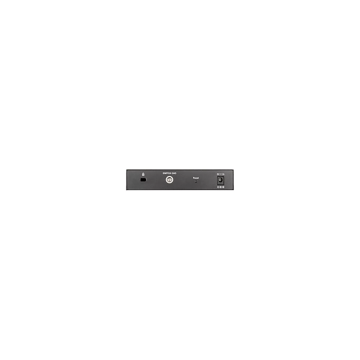 Gros plan de l'arrière d'un appareil réseau noir. Étiquettes : Switch GND, Reset, 5V-1A.