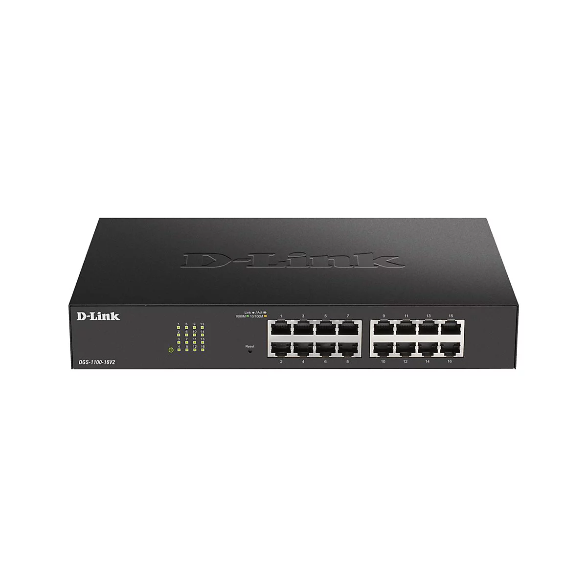 Schwarzer D-Link-Switch mit Anschlüssen und Anzeigen. Das Logo und die Modellnummer sind gut sichtbar.