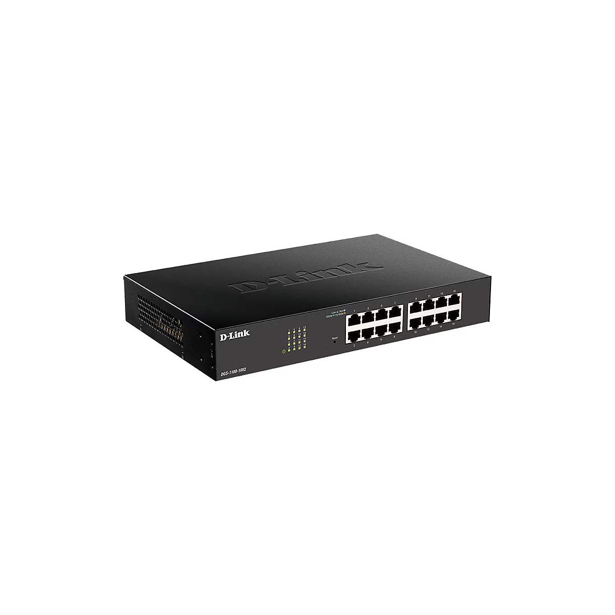 Ein schwarzer D-Link Switch auf weißem Hintergrund. Oben links ist das Logo zu sehen, rechts Ports und LEDs.