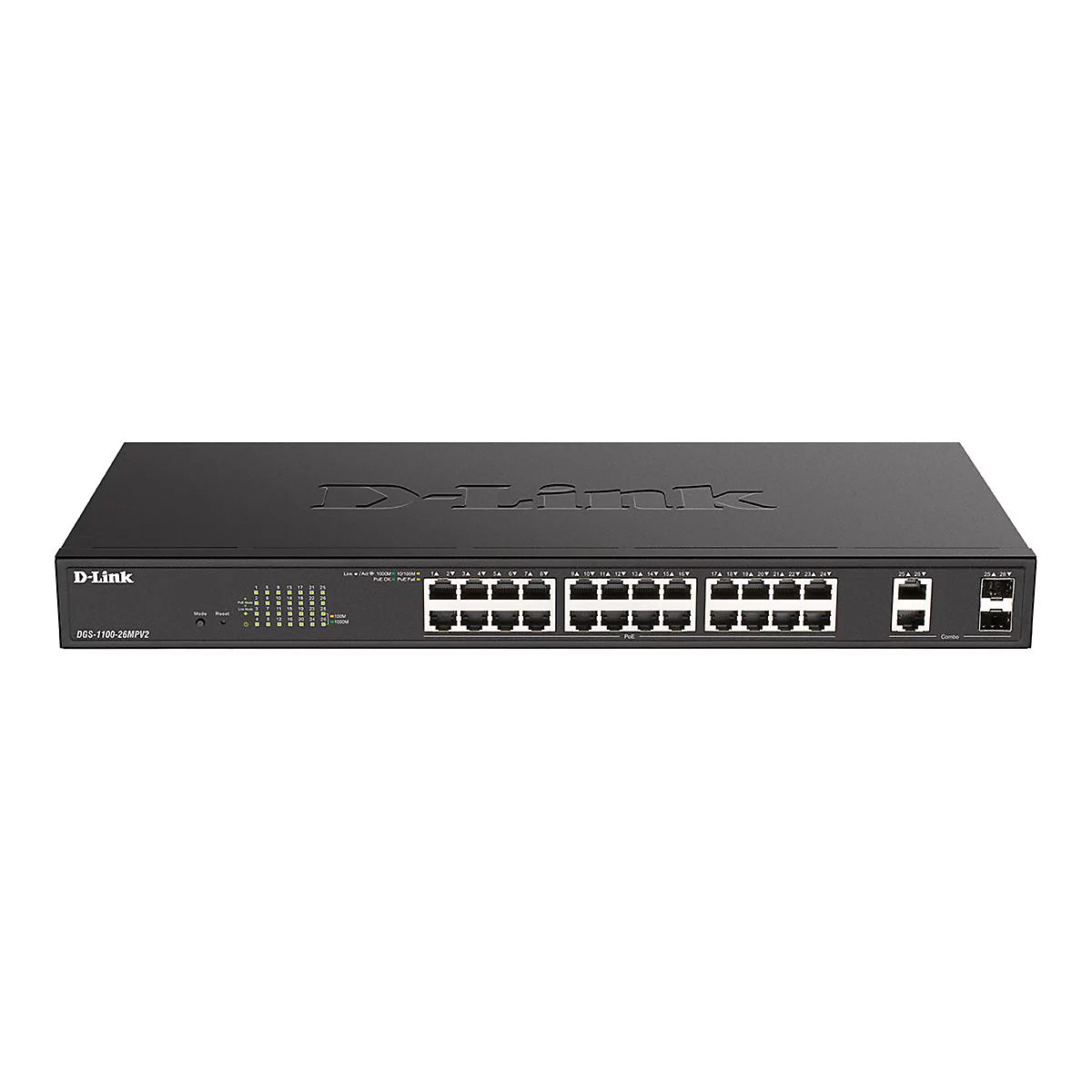 Schwarzer D-Link-Switch mit mehreren Ports. Oben ist das D-Link-Logo. Unten steht die Modellnummer DGS-1100-26MPV2.