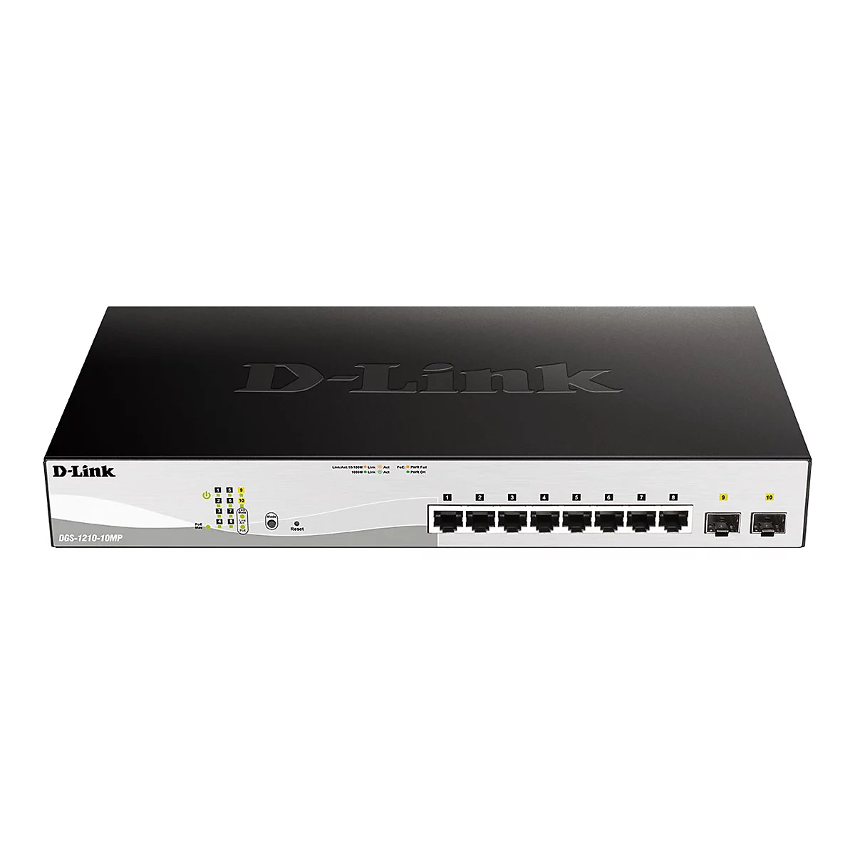 Schwarzer D-Link Switch, graue Front mit Anschlüssen und LEDs, Modell DGS-1210-10MP.
