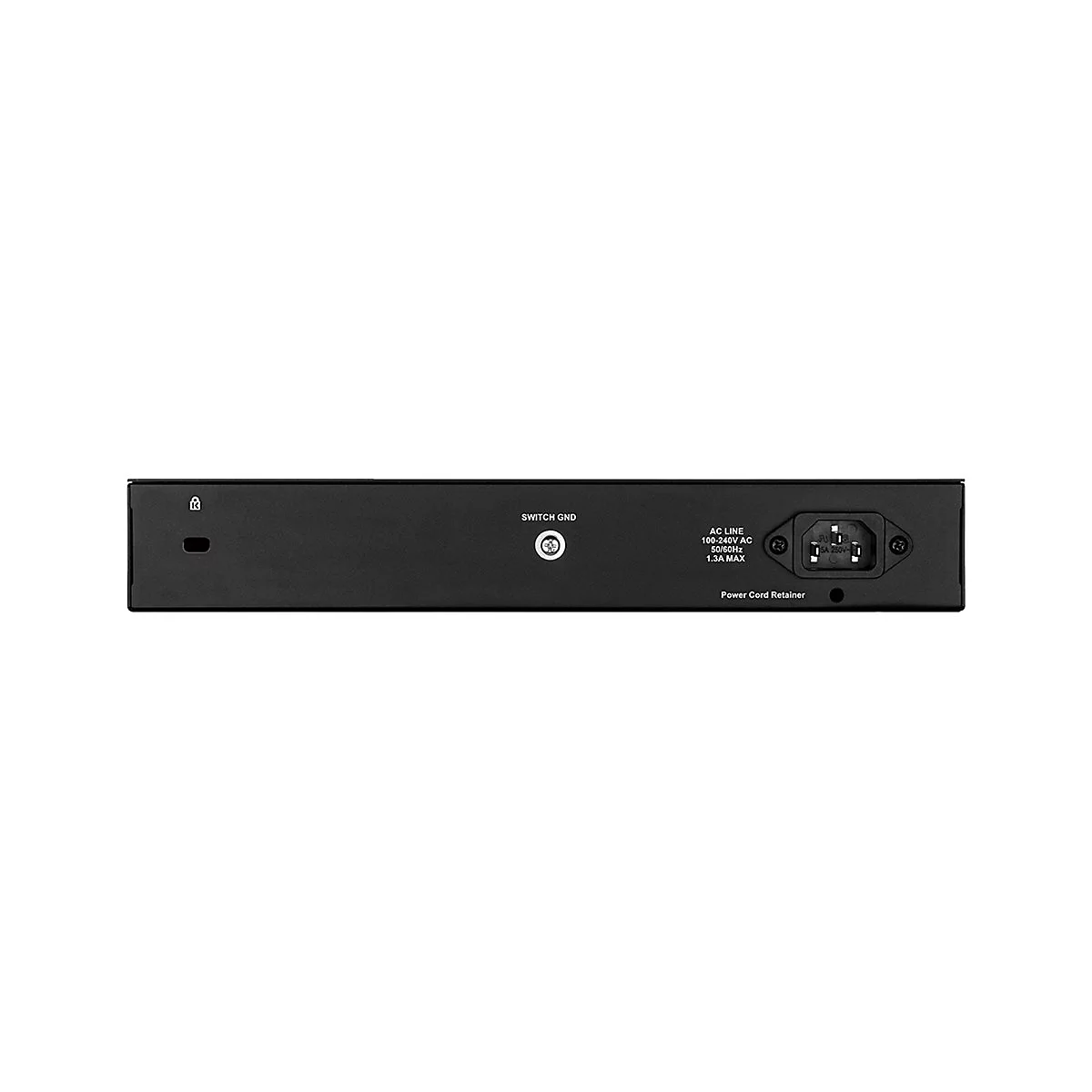 Schwarzer Netzwerk-Switch, Rückansicht. Anschlüsse: Stromanschluss, Erdung, AC-Line-Daten, Halterung für Netzkabel.