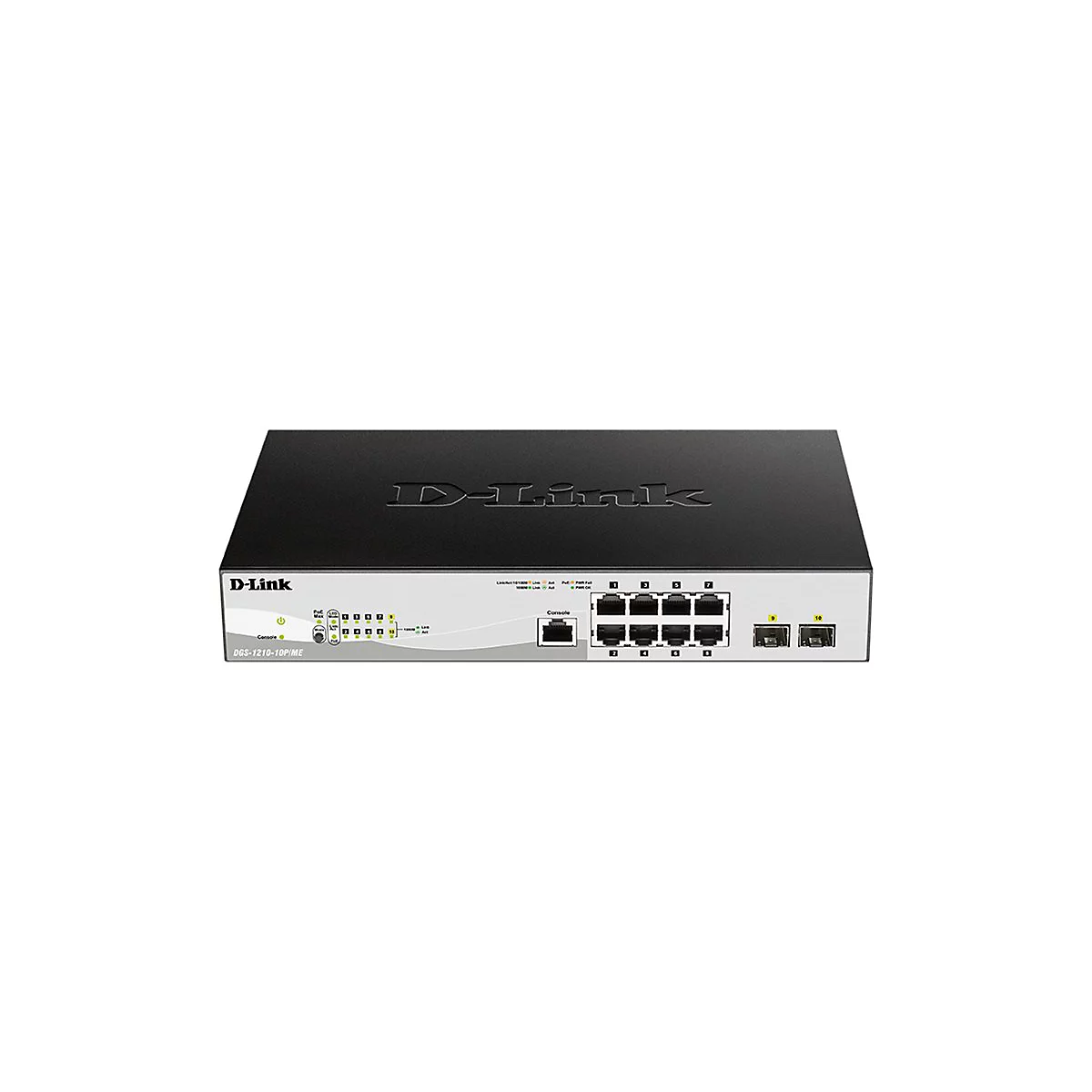 Ein schwarzer D-Link Netzwerk Switch. Auf der Front befinden sich Anschlüsse und LEDs, das Logo ist auf der Oberseite.