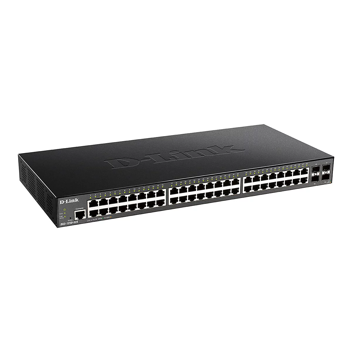 Commutateur D-Link noir avec plusieurs ports sur fond blanc.