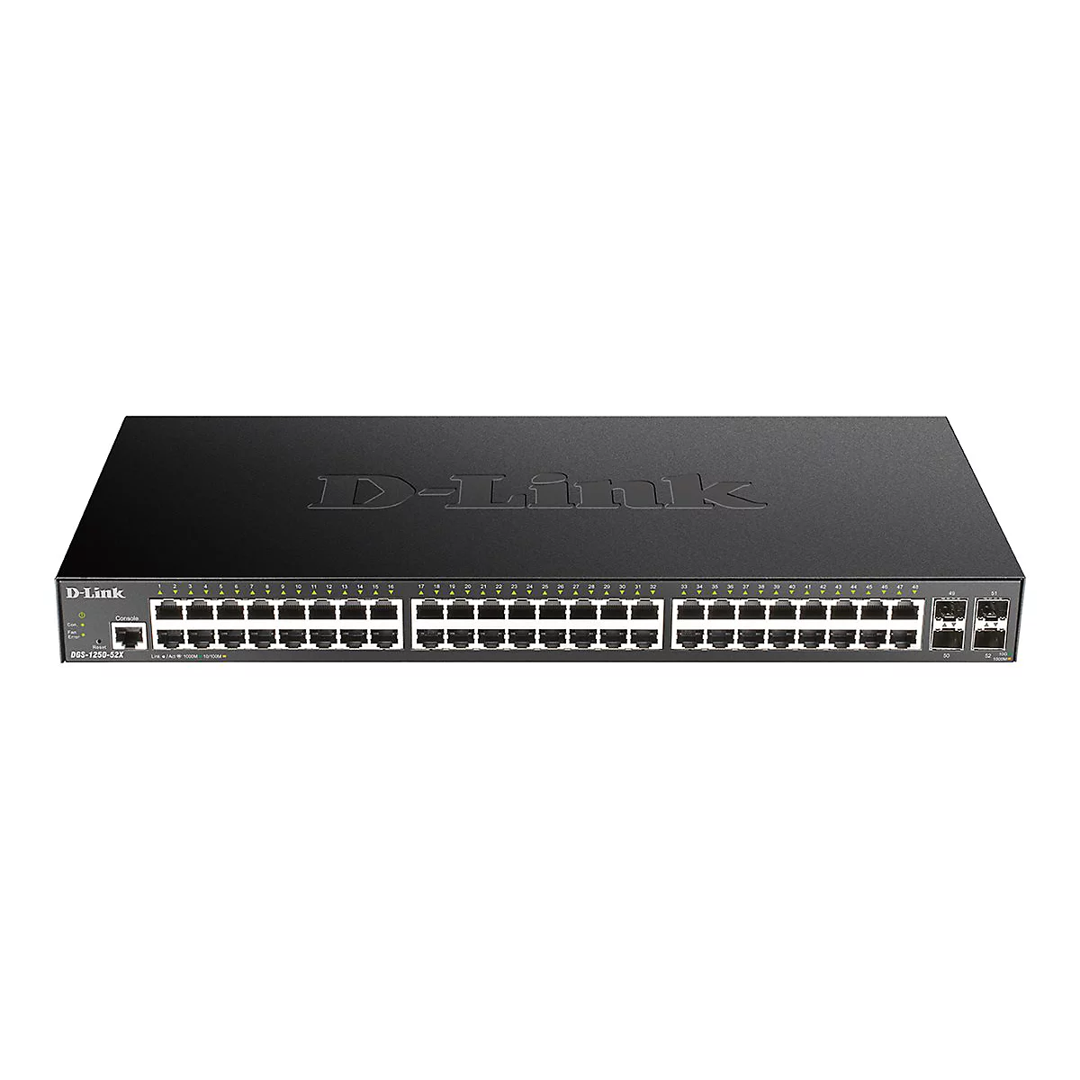 Un commutateur réseau D-Link noir avec de nombreux ports. Le texte "D-Link" est en relief sur le dessus.