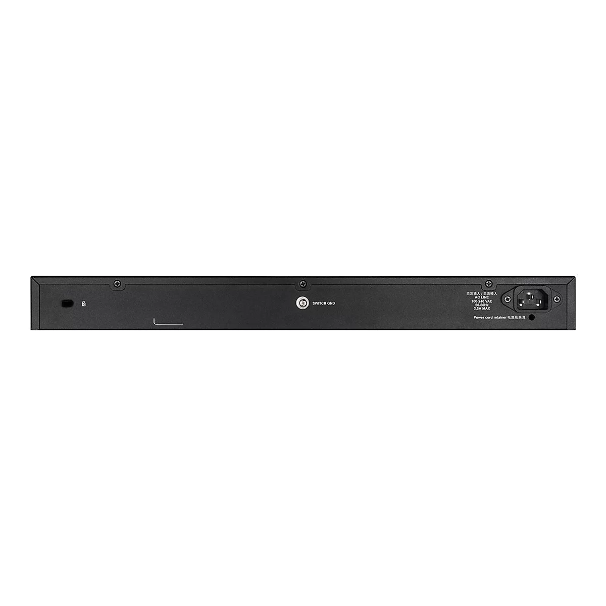 Commutateur réseau noir, vue arrière. Étiquettes : Switch GND, AC Line, 100-240 VAC, 2,5 A MAX, Power cord retainer.