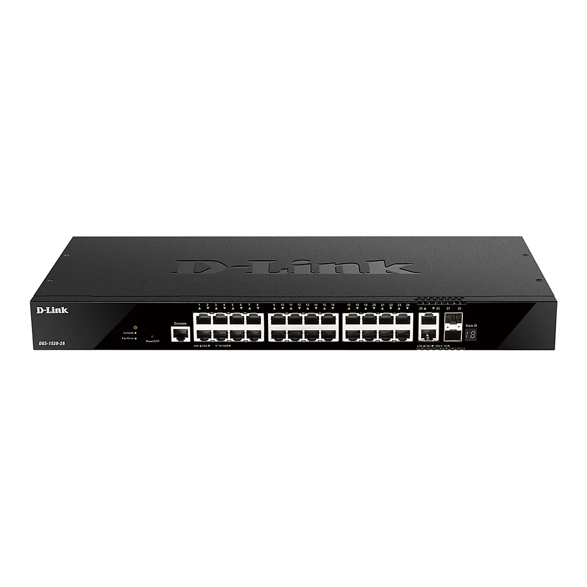 Schwarzer D-Link Netzwerkswitch. Gerätefront mit Anschlüssen, Anzeigen und Logo auf weißem Hintergrund.