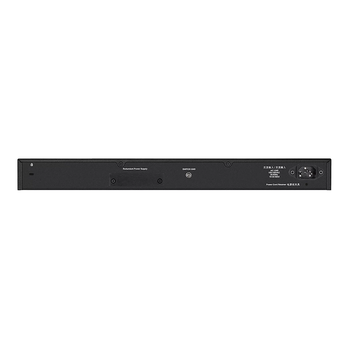 Rückseite eines schwarzen Netzwerk Switches mit Anschlüssen und Beschriftungen: „Redundant Power Supply“, „SWITCH GND“, „AC LINE“ und „Power Cord Retainer“.