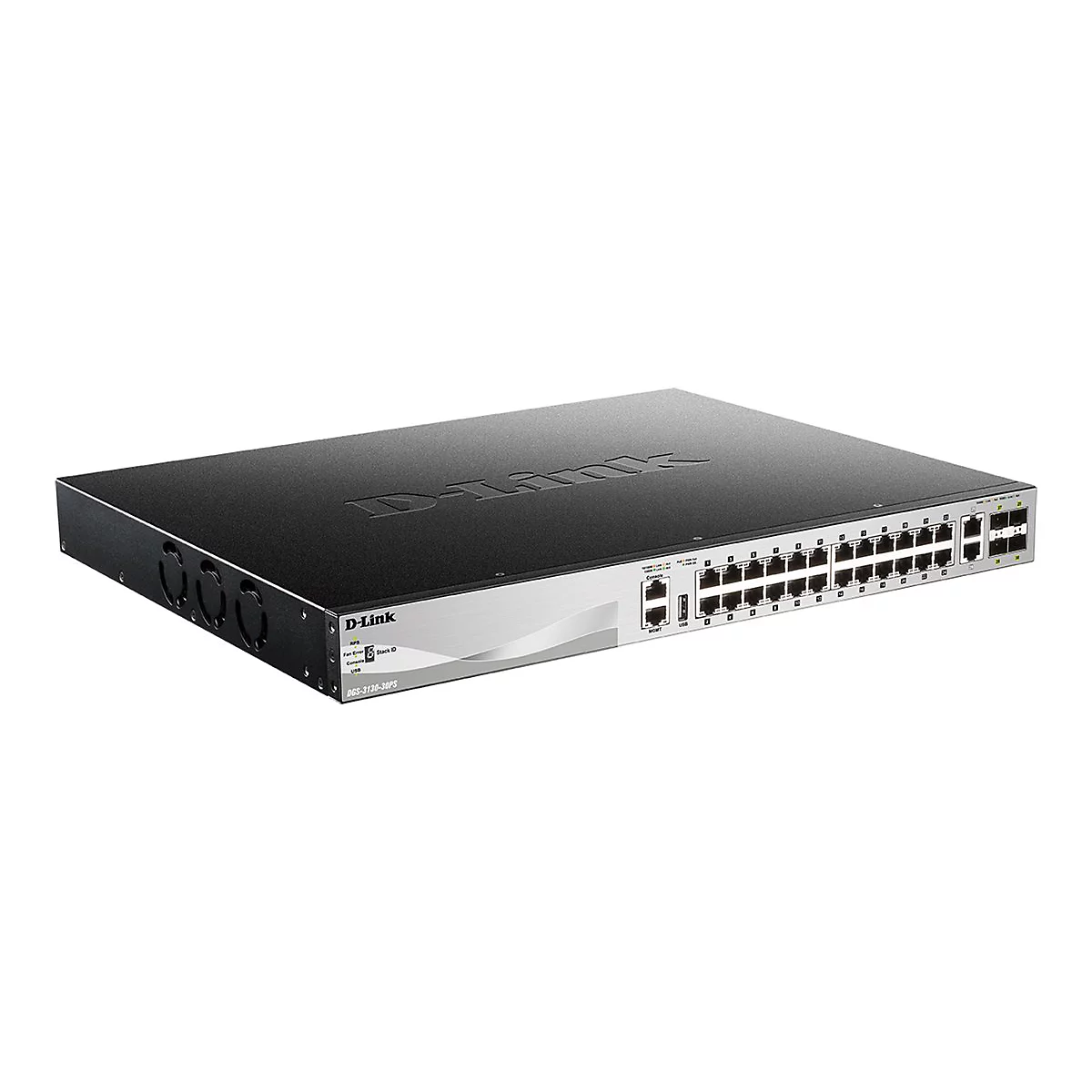 Ein schwarzer D-Link Netzwerk Switch vor weißem Hintergrund. Vorne silberfarbenes Panel mit Anschlüssen, oben D-Link Logo.