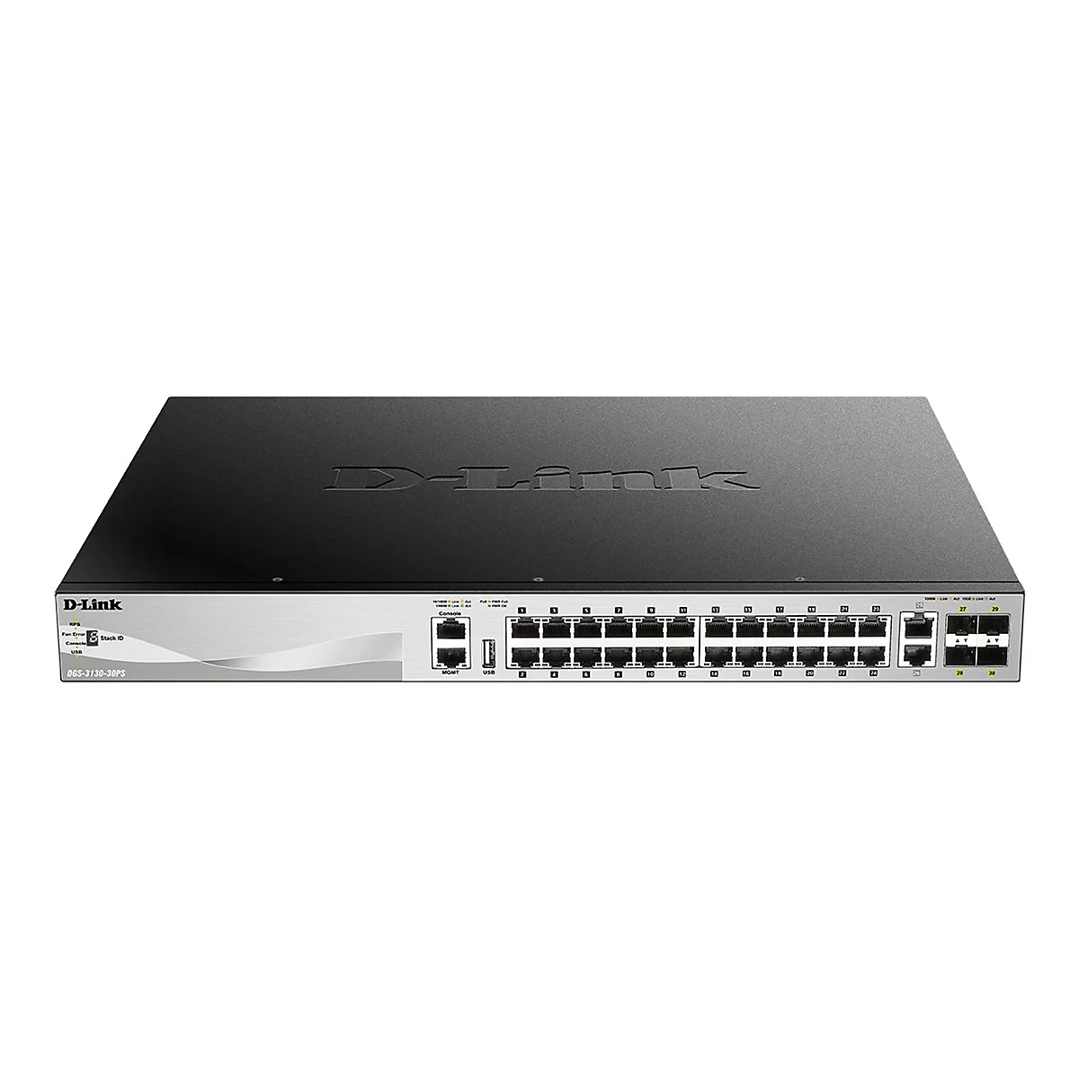 Schwarzer D-Link Netzwerkswitch mit zahlreichen Anschlüssen. Logos, Ports und Schriftzüge sind gut erkennbar.