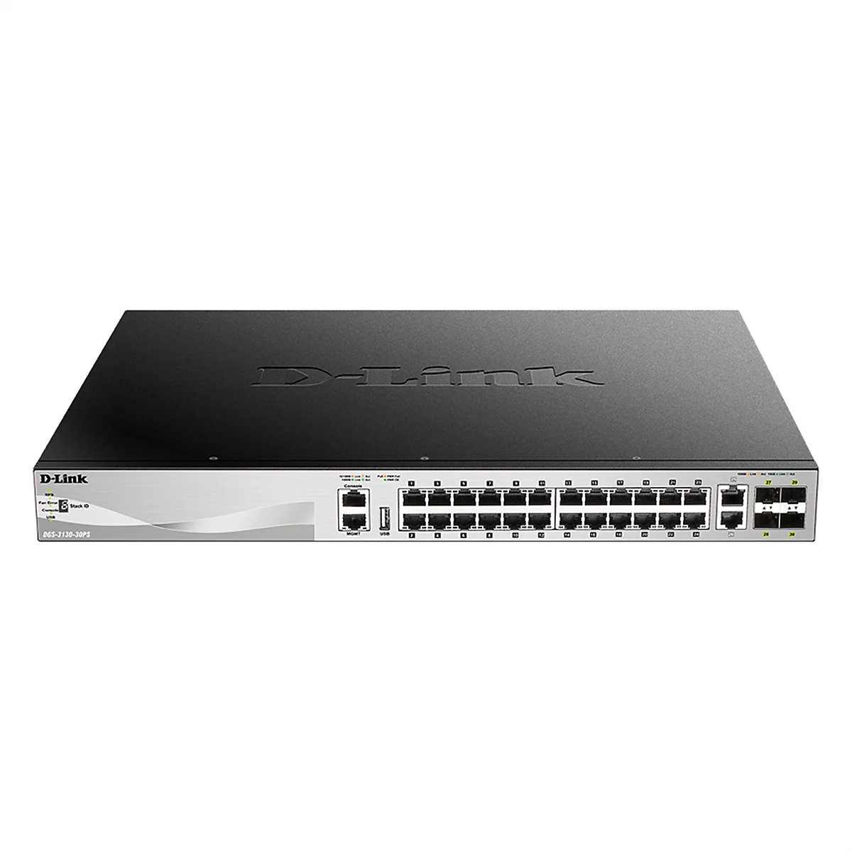 D-Link DGS-3130-30PS Netzwerk-Switch in schwarzem Metallgehäuse mit silberner Frontblende und zahlreichen Ethernet-Ports.