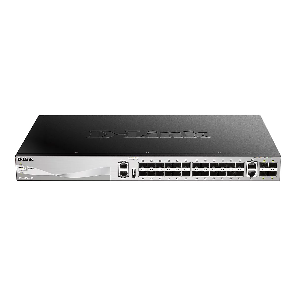 Ein D-Link Switch mit mehreren Anschlüssen, schwarz und grau. Oben steht D-Link. Beschriftung DGS-3130-30S.