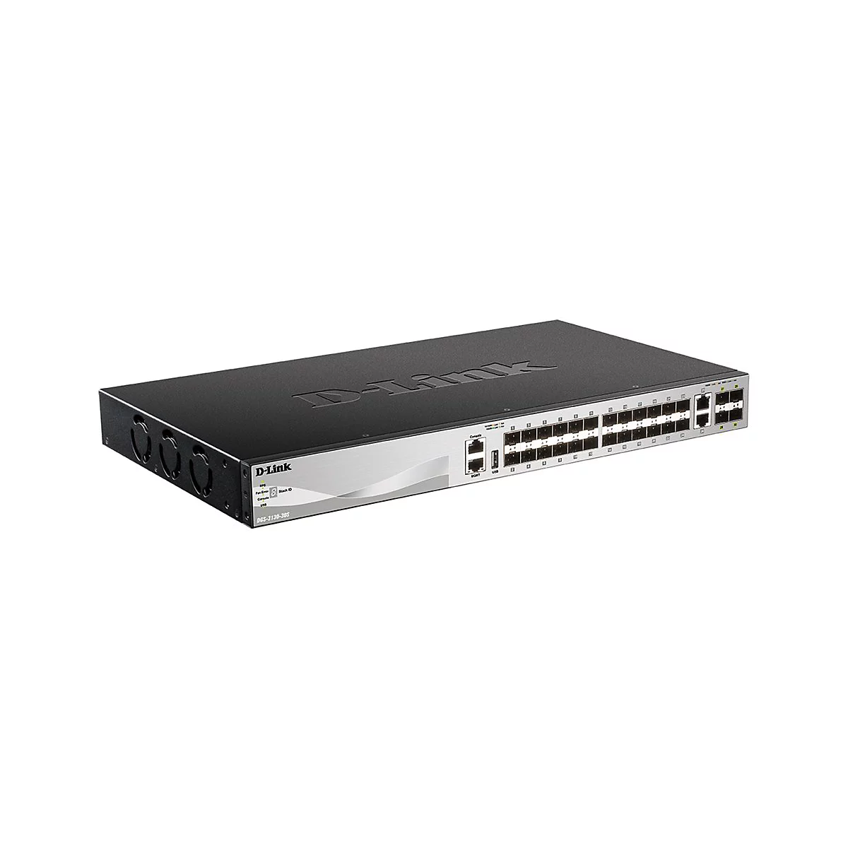 Ein schwarzer D-Link Netzwerkswitch, silberne Front, viele Ports, D-Link Logo.