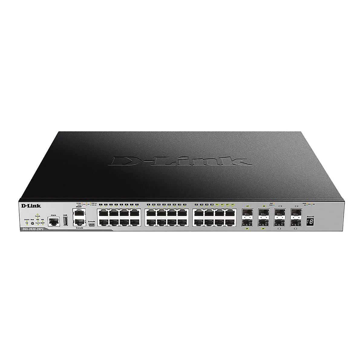 Ein schwarzer D-Link Netzwerk Switch. Auf der Front befinden sich zahlreiche Anschlüsse, darunter auch USB. Auf der Oberseite steht der D-Link Schriftzug.