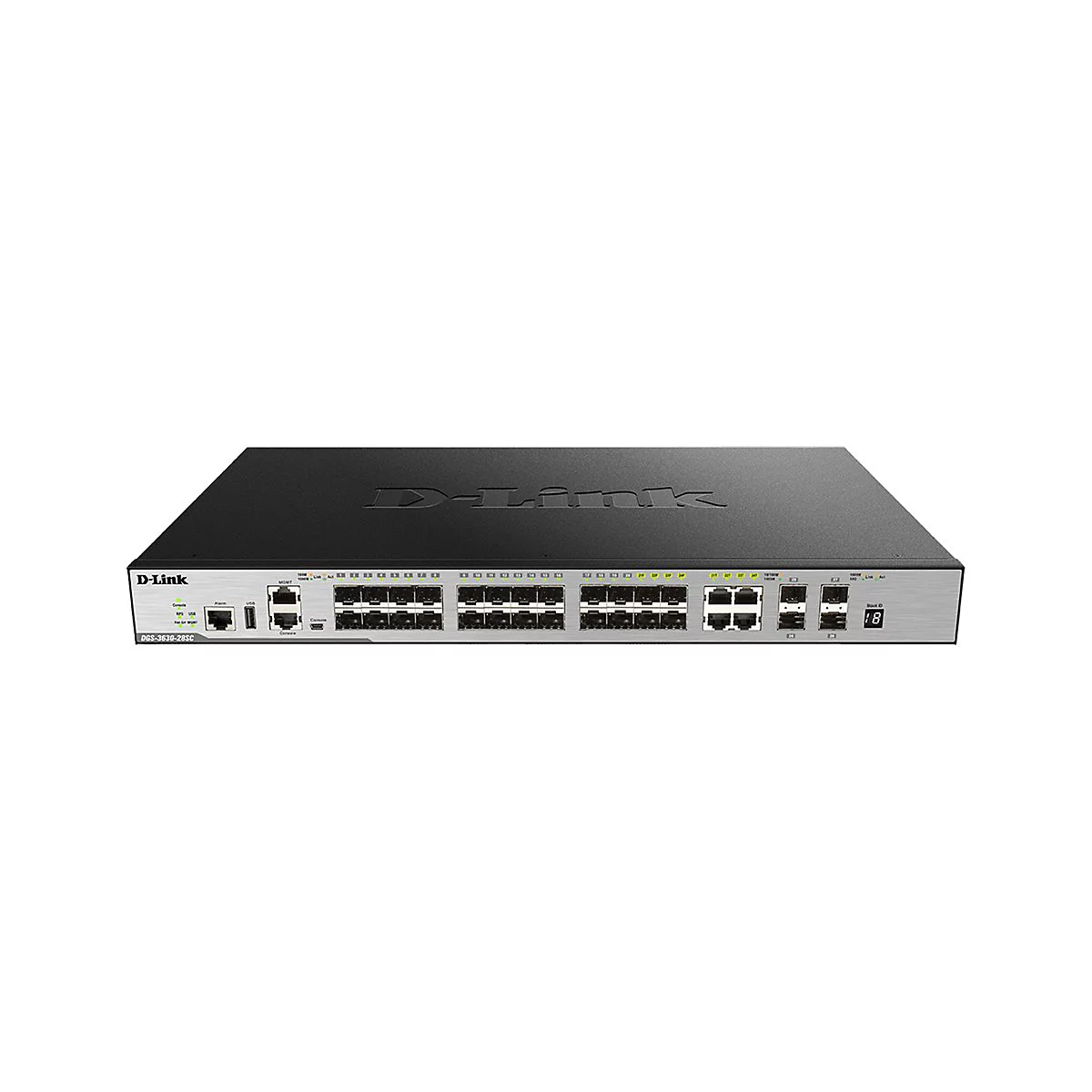 Ein schwarzer D-Link Netzwerk Switch. Auf der Front befinden sich zahlreiche Anschlüsse, LEDs und das Logo.