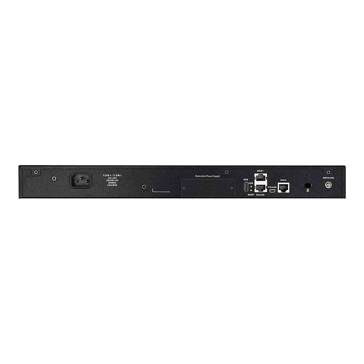 Schwarzes Netzwerkgerät mit Anschlüssen für Strom, USB, Ethernet. Beschriftungen: MGMT, USB, Console, Alarm, Switch GND.