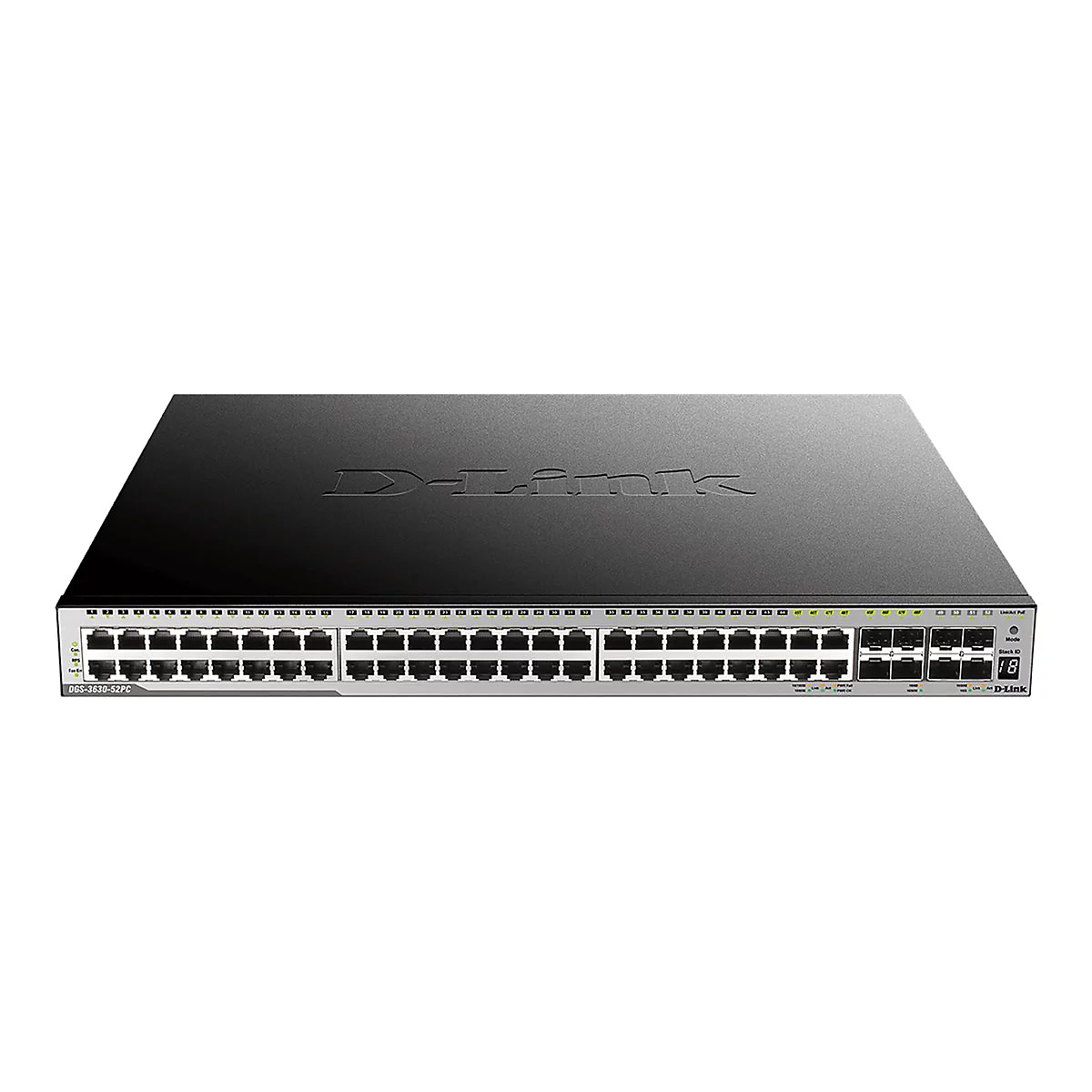 Schwarzer D-Link Switch mit zahlreichen Anschlüssen und dem Schriftzug "D-Link" auf der Oberseite.