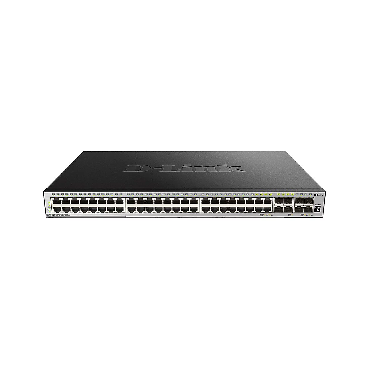 Schwarzer Netzwerk-Switch mit D-Link Logo, vielen Anschlüssen und Kontrollleuchten.