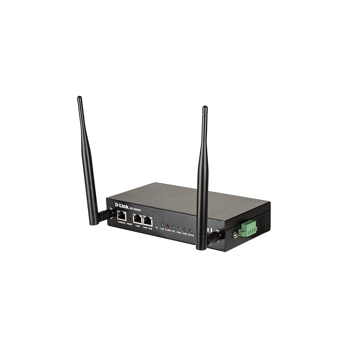 Ein schwarzer D-Link Router mit zwei Antennen. Auf der Vorderseite sind Anschlüsse und Kontrollleuchten.