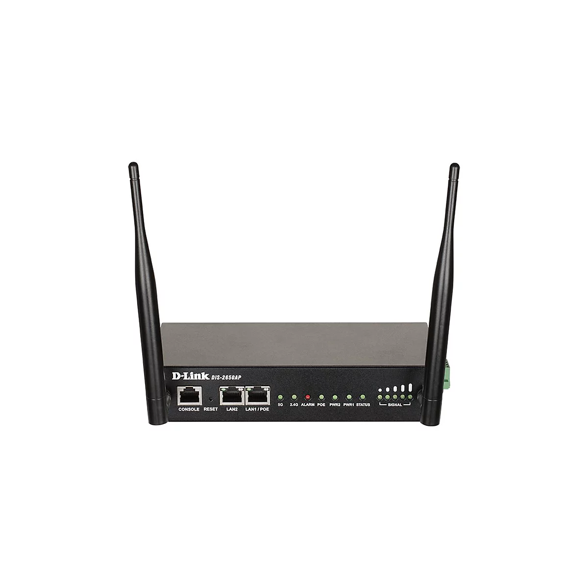 Schwarzer D-Link DIS-2650AP Industrial Access Point mit zwei Antennen und diversen Netzwerkanschlüssen.