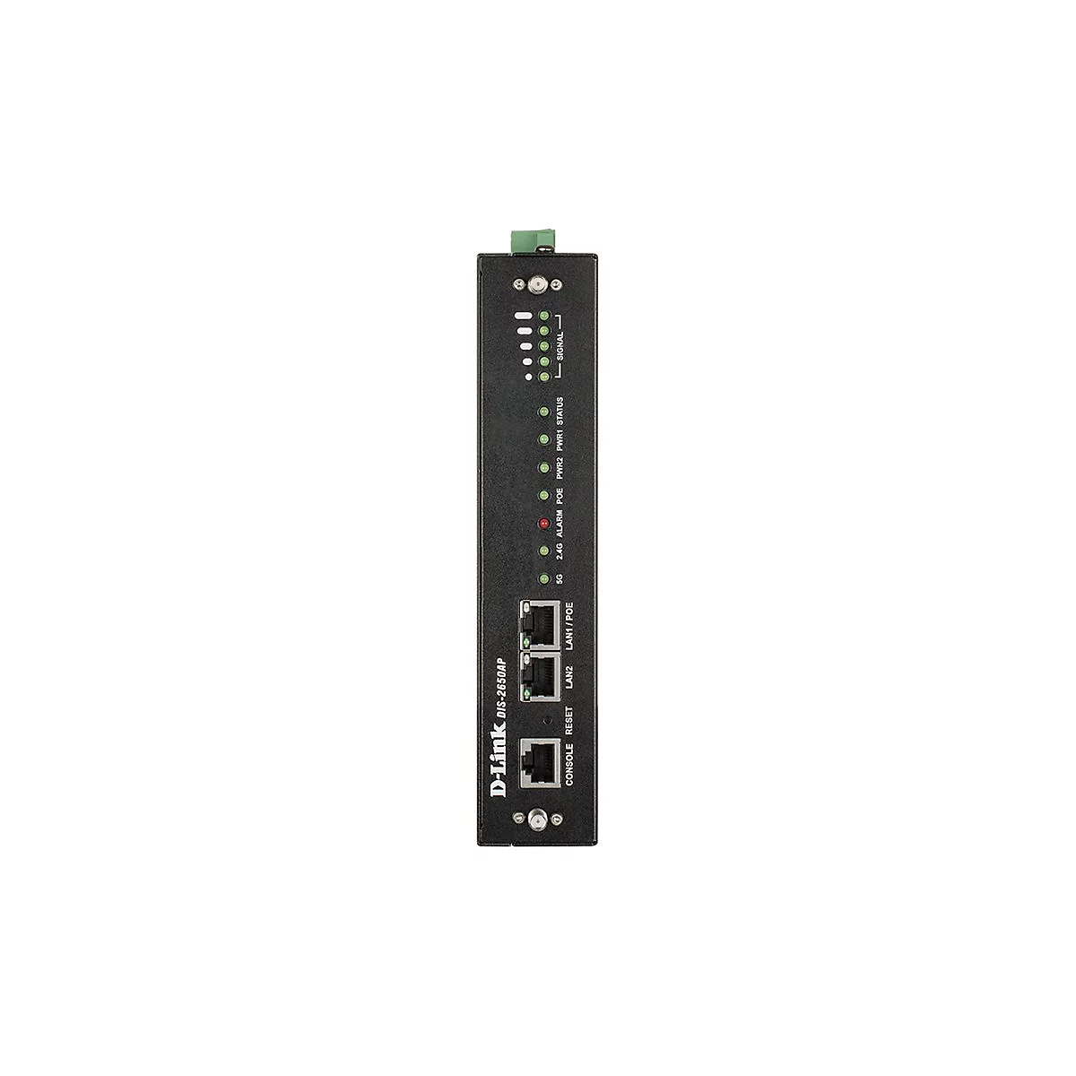 Ein schwarzer D-Link DIS-2650AP Switch mit LED-Anzeigen, Anschlüssen und Schriftzügen wie "5G", "2.4G" und "LAN1/POE".