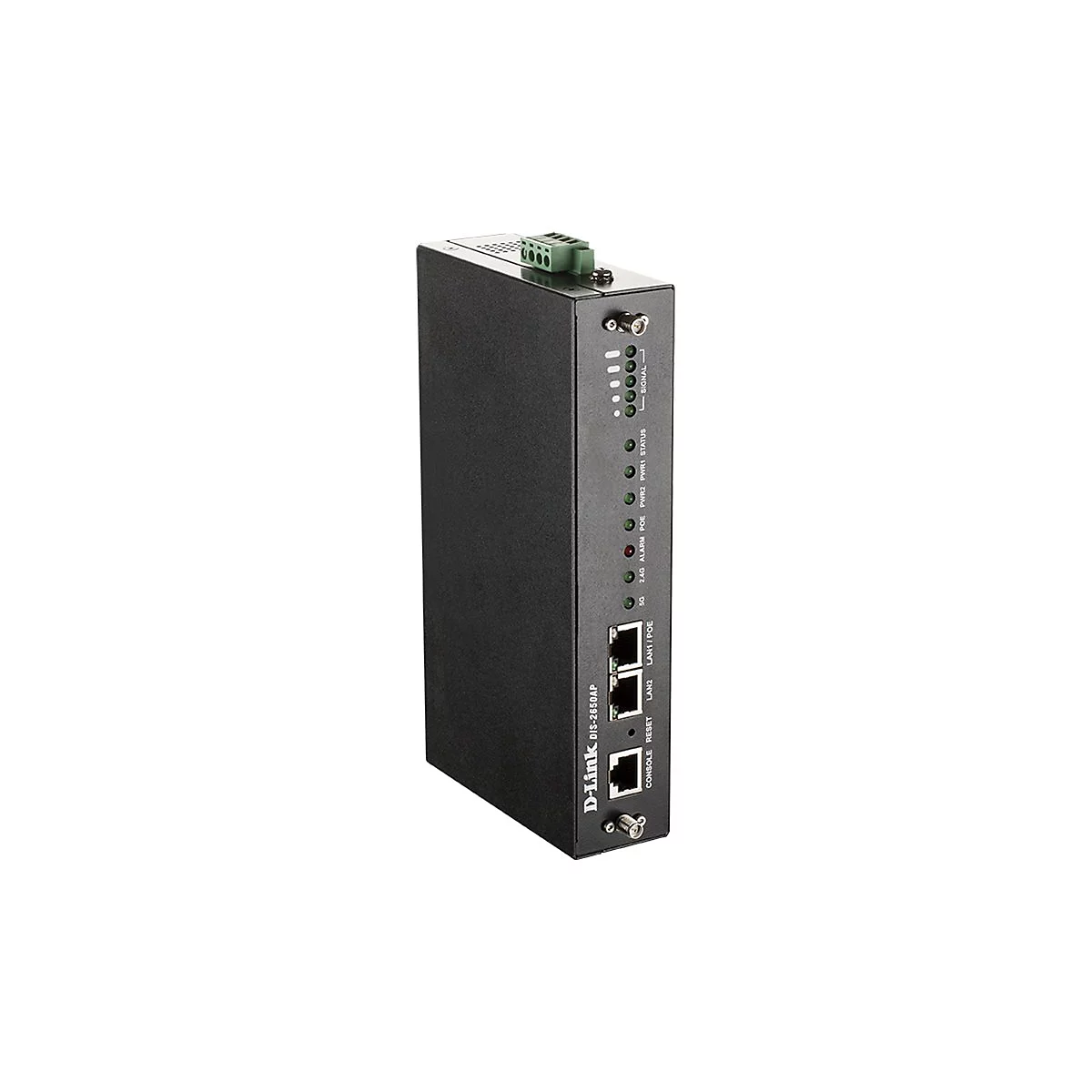 Ein schwarzer D-Link Router, vertikal ausgerichtet, mit Anschlüssen, LED-Anzeigen und der Bezeichnung DIS-2650AP.