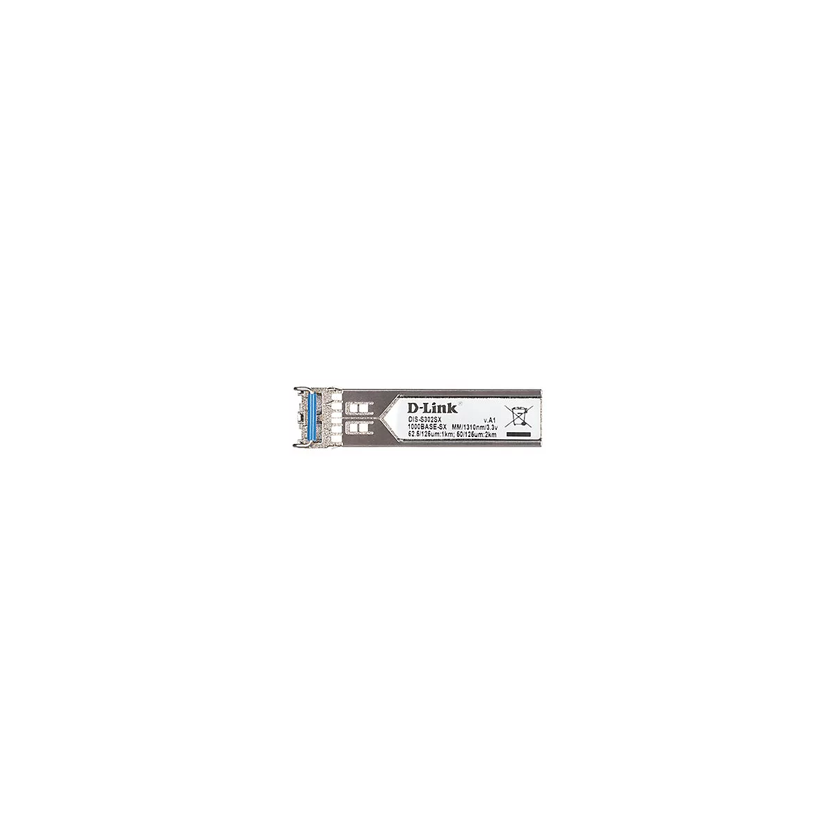 Ein silberner D-Link SFP-Transceiver. Auf dem Etikett steht "D-Link" und technische Daten. Das blaue Ende hat eine Raste.