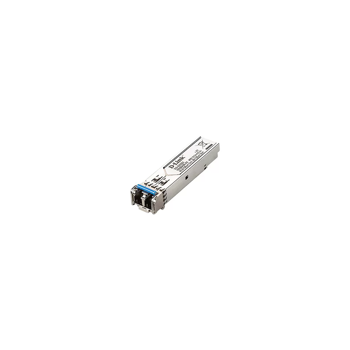 Ein silberner D-Link SFP Transceiver mit blauem Anschluss, Details wie Beschriftung sichtbar.