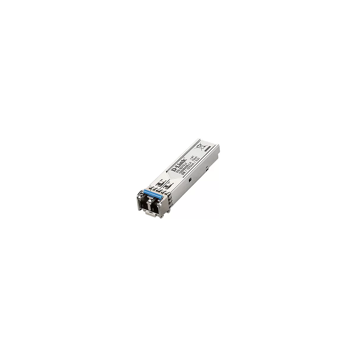 Ein silberner D-Link SFP-Transceiver. Mit blauer Lasche, Beschriftung: DIS-5310LX. Ein Stecker mit Informationen.