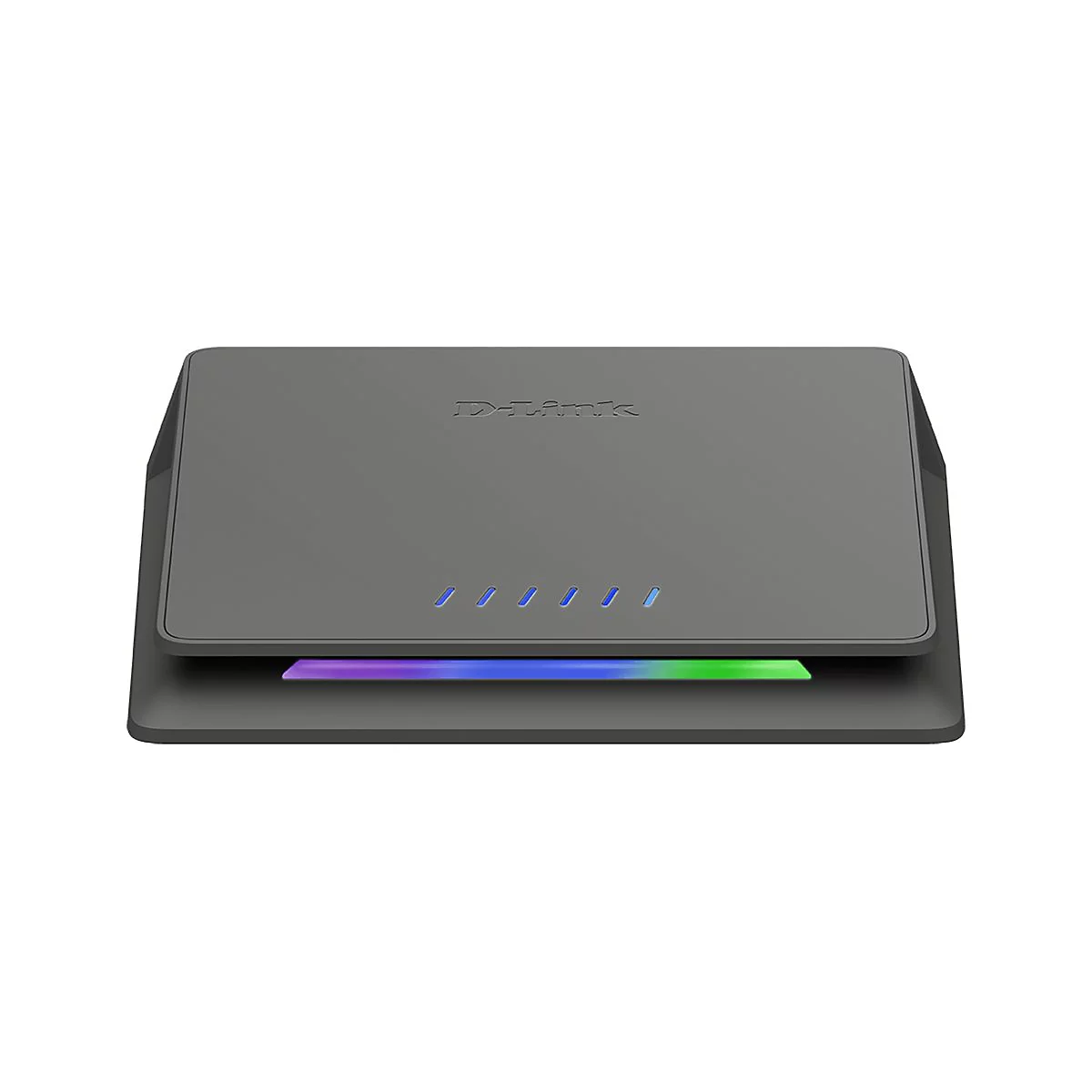 Grauer D-Link Router. Oben steht der Schriftzug "D-Link". Unterhalb leuchten blaue Lichter. Die Unterseite ist in Regenbogenfarben.
