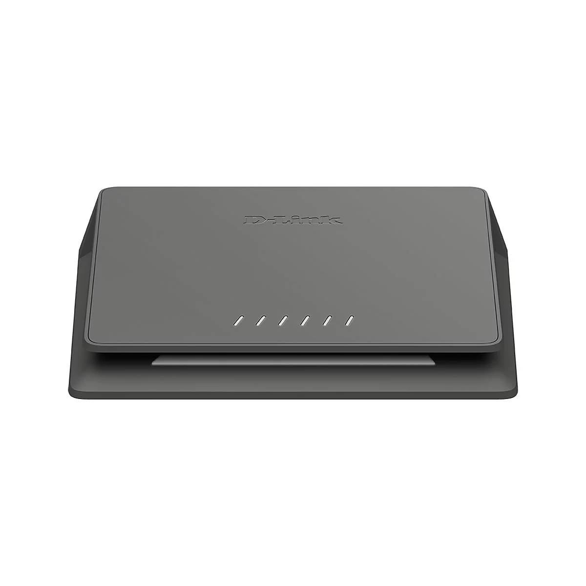 Grauer D-Link Router. Auf der Oberseite steht der Schriftzug D-Link, darunter kleine Kontrollleuchten.