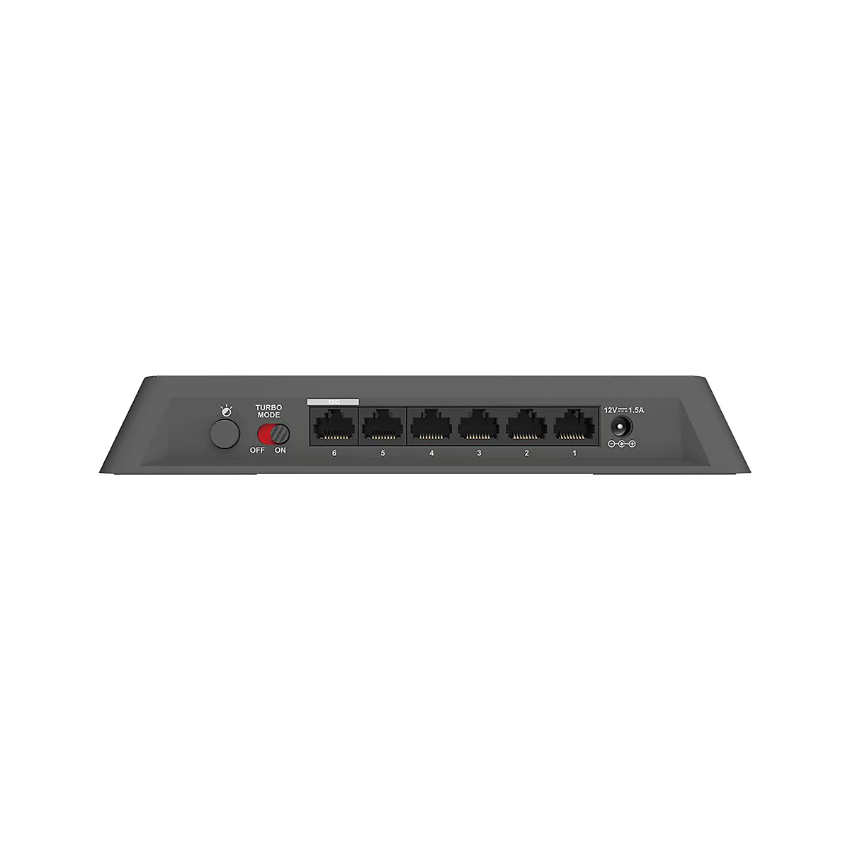 Grauer Netzwerkrouter mit Anschlüssen, Turbo-Modus-Schalter und Stromanschluss.
