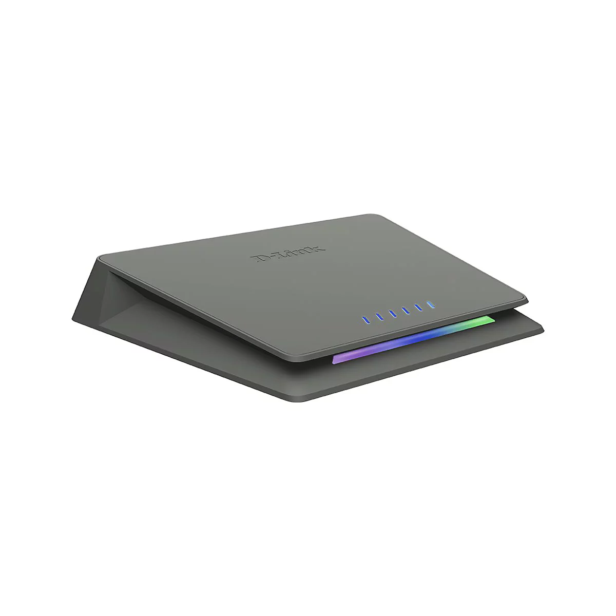 Grauer D-Link Router. Auf der Oberseite sind die Buchstaben 'D-Link' zu sehen, darunter blaue und grüne LED-Leuchten.