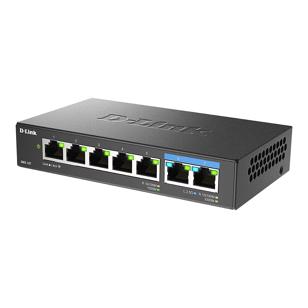 Schwarzer D-Link Netzwerk Switch mit sieben Anschlüssen. Die Anschlüsse 1-5 sind mit grünen Lichtern versehen, 6 und 7 mit blauen und grünen.