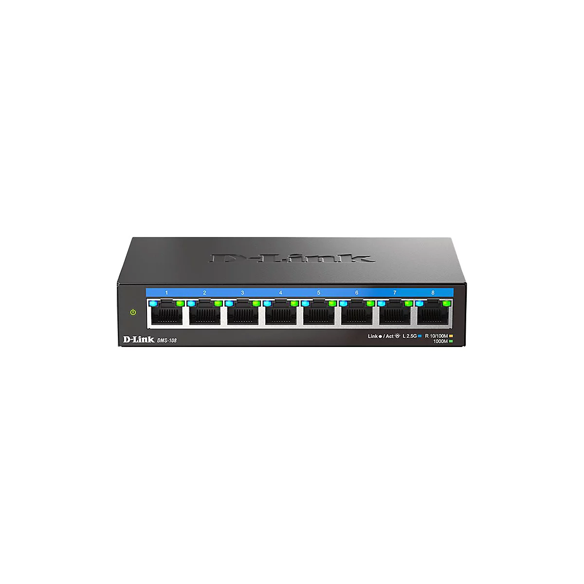 Schwarzer Netzwerk-Switch mit 8 Ports, D-Link DMS-108 beschriftet. Ports mit LEDs, Beschriftungen für Geschwindigkeit.