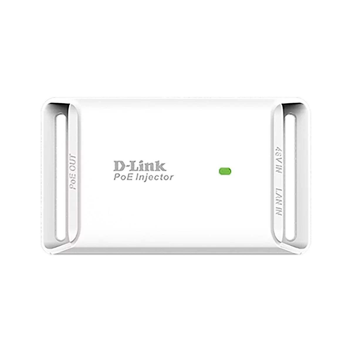 Weißer D-Link PoE Injektor. Mit seitlichen Schlitzen, grüne LED, und Beschriftungen: PoE OUT, 48V IN, LAN IN.
