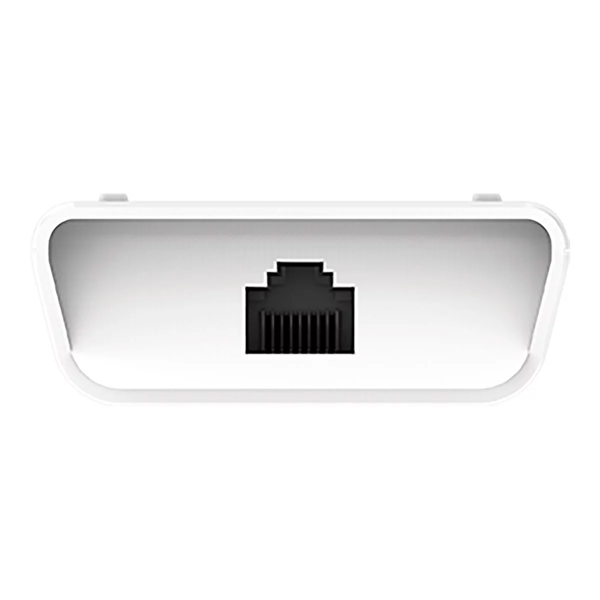 Nahaufnahme eines weißen Netzwerkgeräts mit einem schwarzen Ethernet-Anschluss.