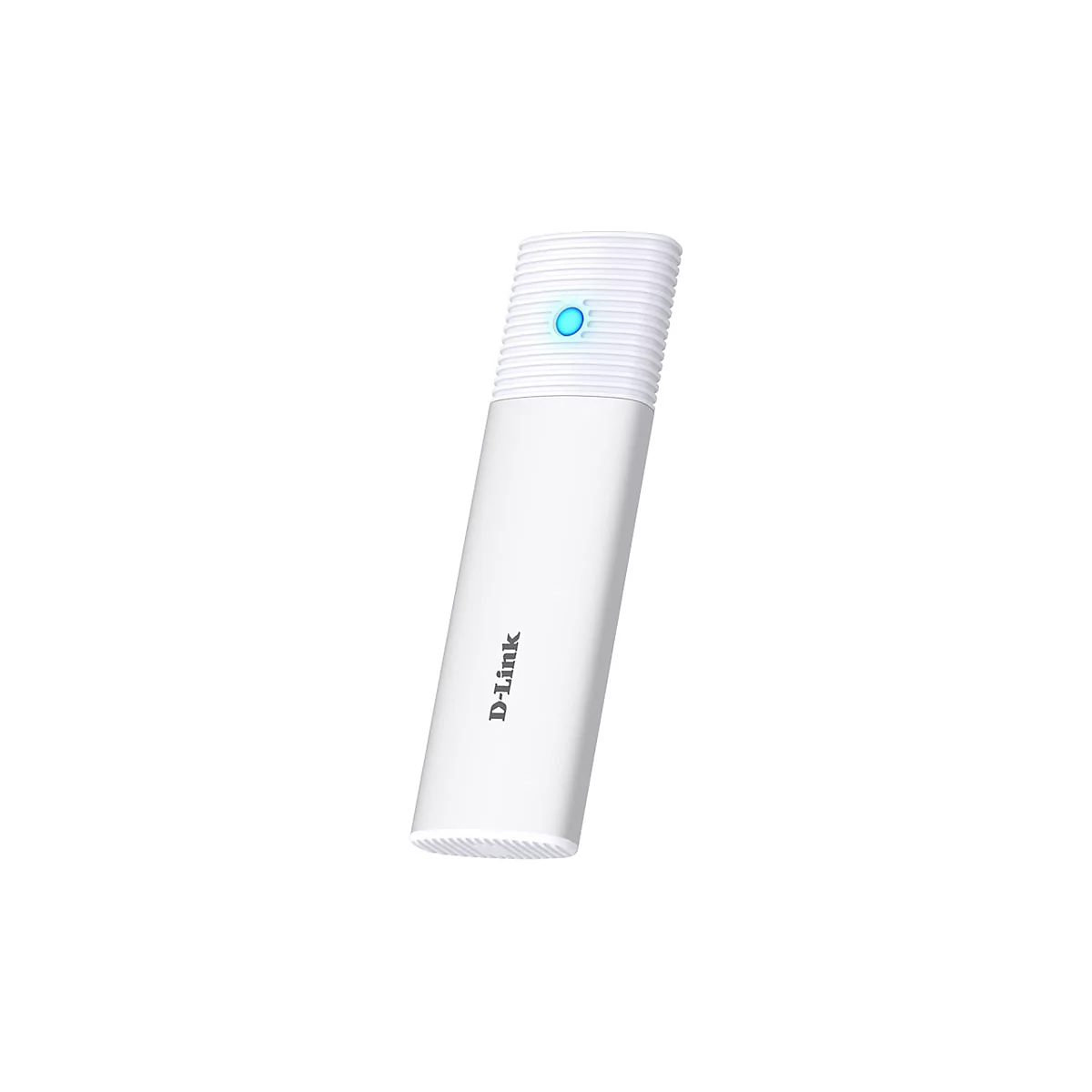 Weißer D-Link WLAN-Stick mit geripptem Oberteil und leuchtend blauer Status-LED.